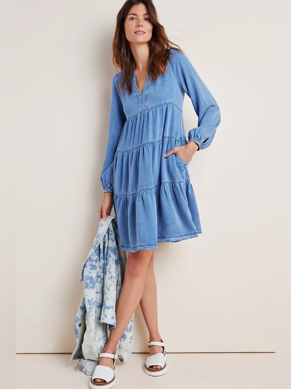 Maeve by Anthropologie Susannah Tiered V-neck Chambray Tunic Dress Size M
